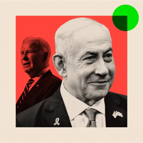 BBC Gambar yang diolah menunjukkan Benjamin Netanyahu di latar depan dan Joe Biden di latar belakang