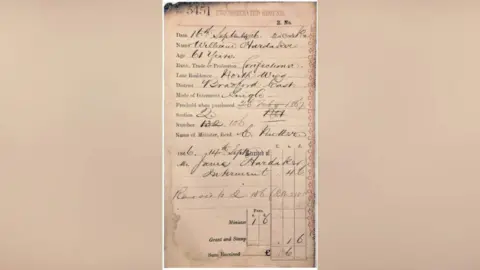 The Undercliffe Cemetery Charity An aged piece of paper showing the grave plot of William Hardacre aka 'Humbug Billy'