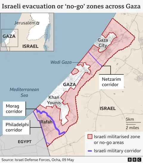Map showing Israeli-designated evacuation areas or "no-go" zones in Gaza (7 May 2025)