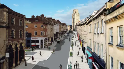 Bristol City Council An artist's impression of Park Street from the bottom of the hill, showing extended pavements, planters, and blocked off roads. 