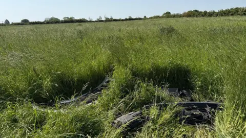Derbyshire House Engine parts in a field of long grass.