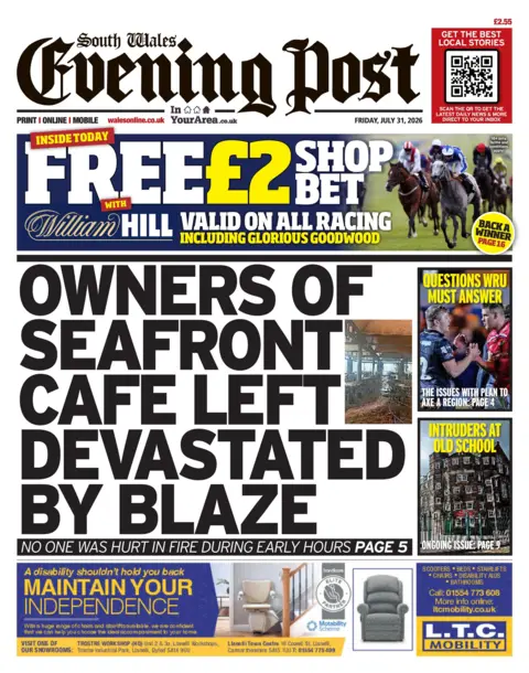South Wales Evening Post Front page of the South Wales Evening Post. The headline reads 'Owners of seafront cafe left devastated by blaze. No-one was hurt in fire during early hours.'