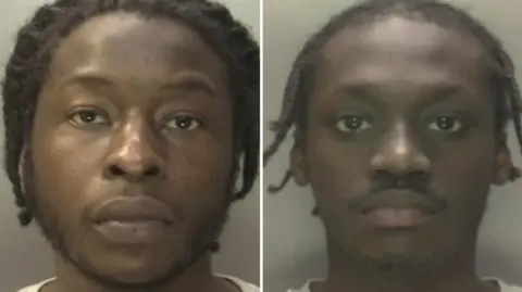 West Midlands Police Elie Mey and Aaron Osei - two custody images of two men. Both have black goatees and plaited hair
