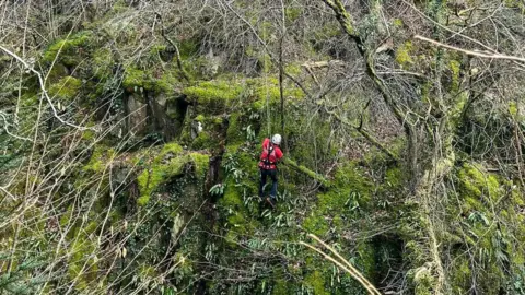 Cave Rescue Organisation A cave rescue volunteer, wearing a red waterproof jacket, black waterproof trousers, black safety harness and a white hard hat abseils down a green mossy rock face.