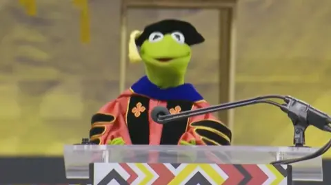 Kermit the Frog in a hat and colourful gown 