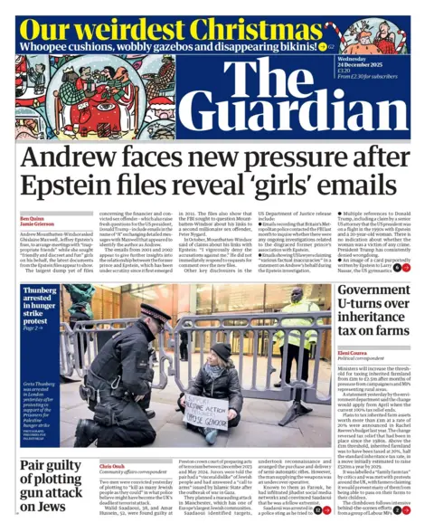 "Andrew faces new pressure after Epstein files reveal 'girls' emails," reads the headline on the front page of the Guardian.