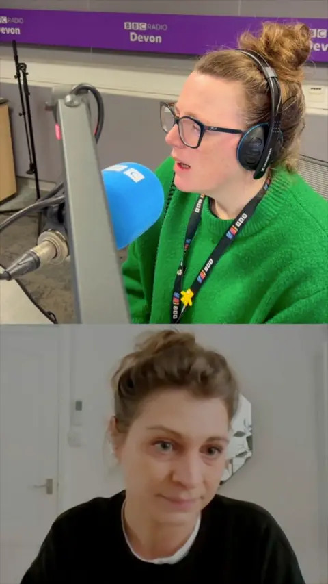 Two videos, one above the other. The top image shows a woman in a green jumper with her hair in a bun. She is sat in front of a microphone. In the below image is a woman wearing a black jumper and her hair is in a bun. 