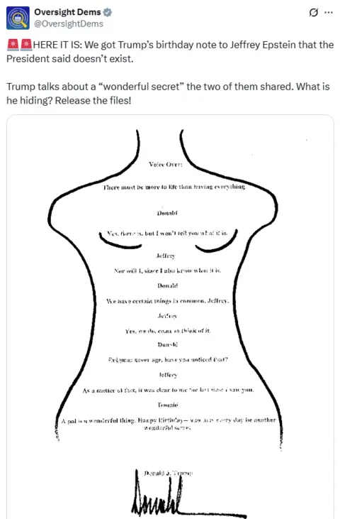 Xx post from "Democrats Control" Saying: Here: We got Trump's birthday note to Geoffrey Epstein, who said the president does not exist. Trump talks about 