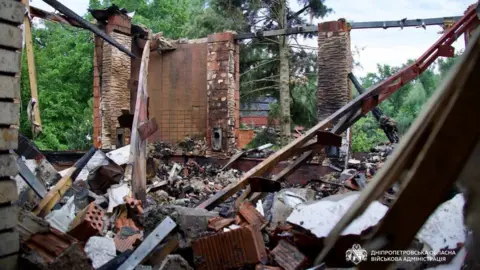 Dnipropetrovsk regional administration / Telegram A destroyed house in the Dnipropetrovsk region, following a Russian drone attack. Photo: 17 May 2026