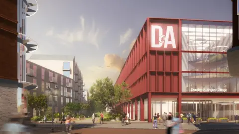 An artist's impression of the proposed new Dundee and Angus College building, a four-story red building with glass panelling across three stories. The building is to the right of a street with other buildings and people walking in a pedestrianised area.