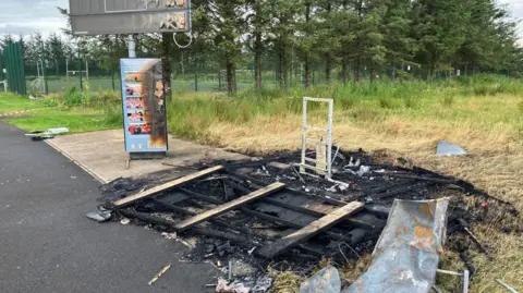 Burnt debris on a patch of grass following a fire. is a GAA pitch in the background, with a row of trees in front of it. 