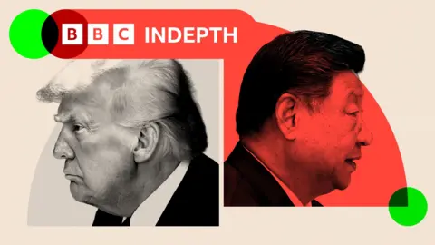 Donald Trump's head in profile on the left and Xi Jinping's head in profile on the right. They are both wearing shirts and suit jackets. Xi's head is overlaid with a red design element. 