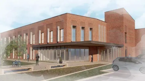 A CGI image showing a brown brick building with two floors. In front of the building is grass and four people walking on a footpath. There is a car park to the right with two cars in.