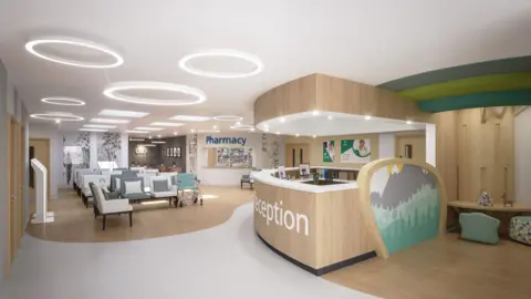 A CGI image of a reception at a new cancer centre at Cheltenham General Hospital.