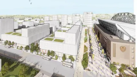 An artist's impression of the development, which shows a completed stadium expansion and a series of high-rise buildings nearby.