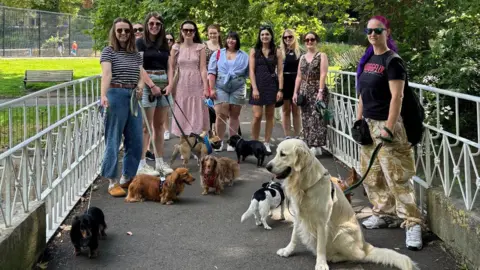 Isobel Pinder A group of young women dressed in bright summer clothes taking their dogs for a walk. There are about nine pictures of dogs, including a sausage dog and a golden retriever. They are standing on a path that leads to a park. 