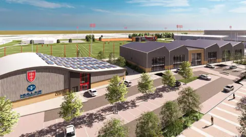 An artist impression of a modern sports and training complex featuring several large, angular buildings surrounded by car parking and trees. Multiple rugby pitches with tall floodlights are visible in the background. 