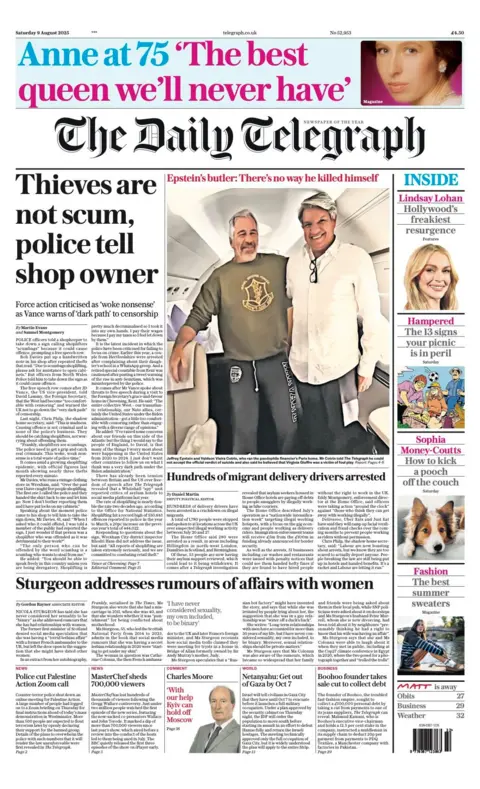 The headline on the front page of the Daily Telegraph reads: "Thieves are not scum, police tell shop owner".