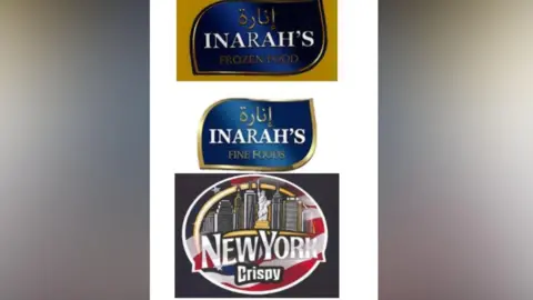 Three food labels in a vertical line. The top one says Inarah's Frozen Foods, the middle one says Inarahs's Fine Foods and the bottom one says New York Crispy. 