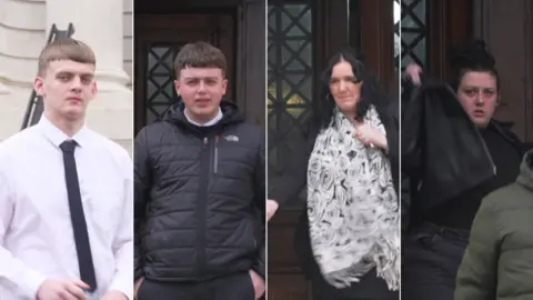 A composite image of the four defendants in court outside the steps of the court. Cameron Carter is wearing a white shirt, Malaki McQuade is wearing a black puffer jacket, Gemma Virgin is wearing a large floral black and white scarf, and Jasmine Smith is wearing a black leather jacket. 