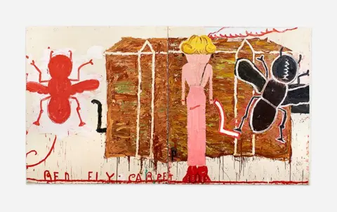 Rose Wylie Red fly on the right, brown house with back of figure in pink dress and blonde hair, and black bug on far right