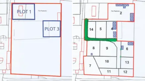 The Planning Inspectorate A composite image showing two plans of the Newlands Road caravan site side by side. The entire field on the plan is edged in red, with a blue rectangle drawn into the top left corner, which has 'PLOT 1' written inside. On the right-hand side, around a quarter of the way down that edge, is another blue rectangle with 'PLOT 3' written inside. 
