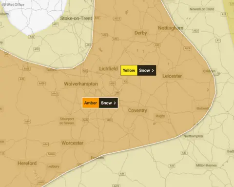 Met Office A Met Office map of the United Kingdom. Yellow and Amber Snow and Ice warnings can be seen in some locations across England, Scotland, Wales and Northern Ireland.