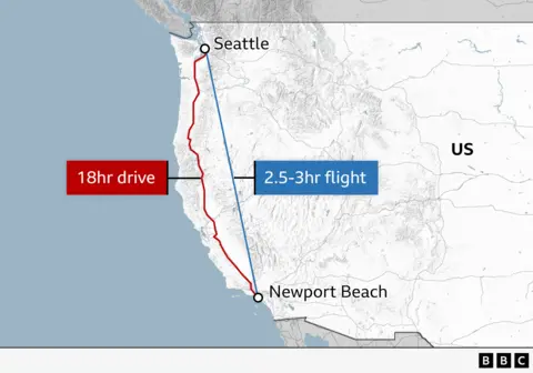 Een kaart die de tijd laat zien die nodig is om tussen Newport Beach, Californië en Seattle te reizen - ongeveer 18 uur rijden of drie uur vliegen tussen de twee locaties. 