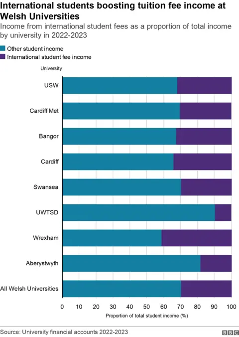 Graphic showing income from international student fees at Welsh universities