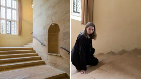 National Trust/James Dobson/James Beck A split image showing a light stone staircase on the left with a shell niche in the wall above it. A grand window means light is streaming into the stairway. In the right image, Melanie kneels down on the staircase and runs her hand along the stone. She wears all black and has medium-length brown hair.
