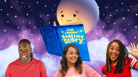 CBeebies Animated image of the CBeebies Bedtime Story show with a moon reading the blue CBeebies Bedtime Story book in the night sky with three CBeebies Bedtime Story presenters smiling underneath.