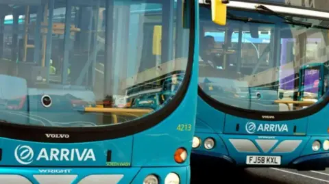 Two teal buses with the words Arriva in white writing on the front.