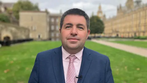 Man with short dark hair wearing a blue suit jacket, pink shirt and tie, looking at the camera stood on grass, with the Palace of Westminster behind him