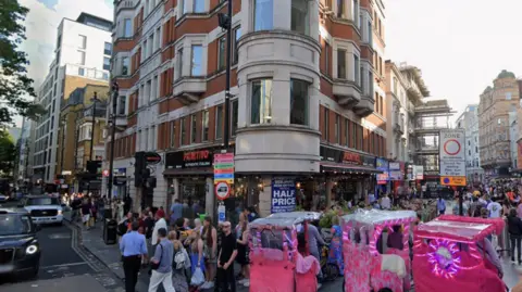 A general view of Charing Cross Road next to Leicester Square.