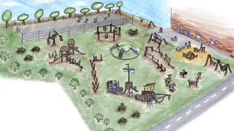 The Venture Community Hub A drawing of the planned park layout at The Venture Community Hub which includes a multi-use games area, swings and as a roundabout.