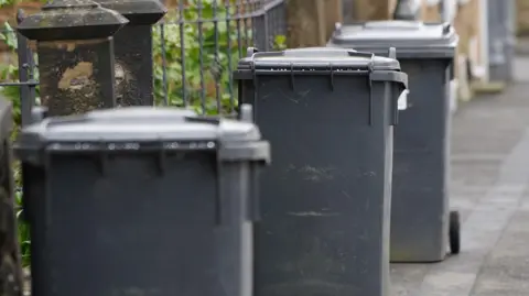 BBC Black bins along a pavement outside houses