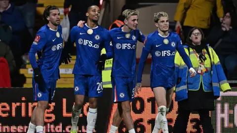 Marc Guiu, Joao Pedro, Jesse Derry and Alejandro Garnacho celebrate an extra-time goal. 