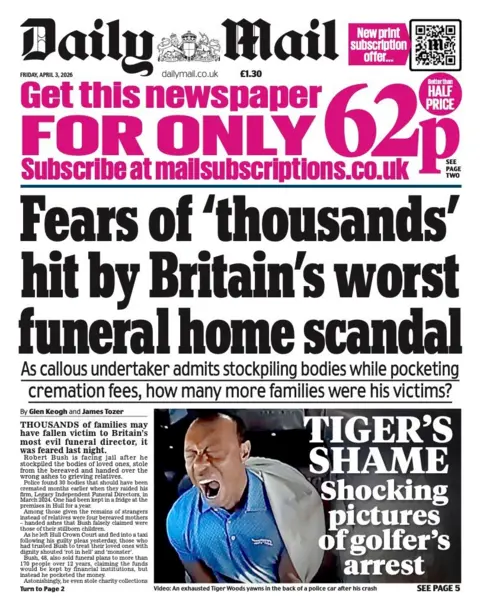 The headline on the front page of the Daily Mail reads: "Fears of 'thousands' hit by Britain's worst funeral home scandal."