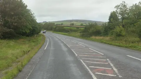 A street view image of the A388. It has two lanes and is surrounded by trees.