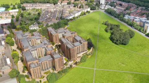 Newcastle University / Unite Students / NORR A computer-generated aerial image of the new halls. The tall, brown blocks are in five groups, each surrounding a courtyard. The complex is surrounded by low-rise buildings, houses and a large grassland.