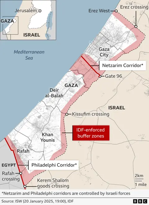 Map showing the buffer zones designated by the Israeli army in Gaza (January 18, 2025)