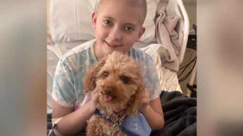 Family handout Emilia, with a shaved head, cuddles a brown therapy dog in hospital