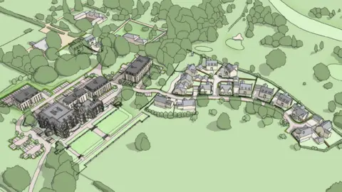 Fairline Homes An artist's drawing in light green, mid-green and grey of Overstone Hall on the left from above and showing four blocks of flats and a series of houses set in lawns with trees dotted about.