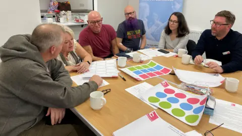 Lichfield Garrick Theatre A group of people sat around a table with plans on the table in front of them. The plans have green, blue and pink circles and squares on them. 