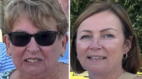 Joan and Jane. Joan is wearing dark sunglasses and has short wavy fair hair. Jane has neck length brown hair in a bob