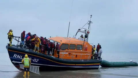 A group of people thought to be migrants are brought in to Dungeness, Kent, by the RNLI following a small boat incident in the Channel