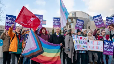 Getty Images Trans rights campaigners extracurricular  the Scottish Parliament, holding up   a emblem  successful  their colours, and placards speechmaking  "trans rights now" and "cherish trans kids"