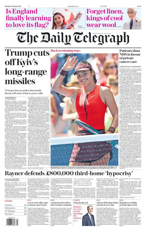 The headline on the front page of the Daily Telegraph reads: "Trump cuts off Kyiv's long-range missiles".