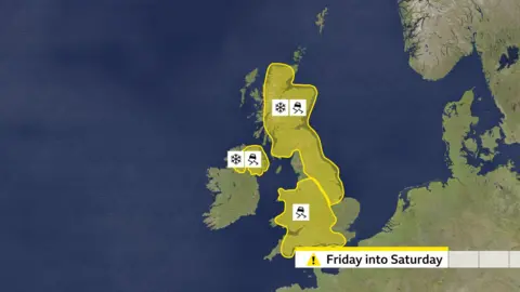 A map of the UK showing yellow weather warnings from Friday into Saturday. An ice warning covers parts of Wales, midlands and south west England. Snow and ice warnings are in place for Northern Ireland, Scotland and north of England and midlands.

