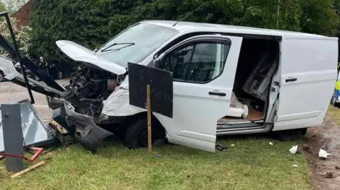 Nottinghamshire Police The written-off van following the crash with a lot of damage to the front of the vehicle